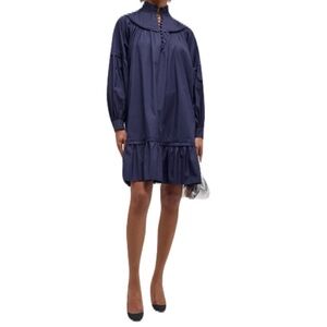 NWT Harshman XS Deep Navy Long Sleeve High Neck Button Cotton Fiona Mini Dress